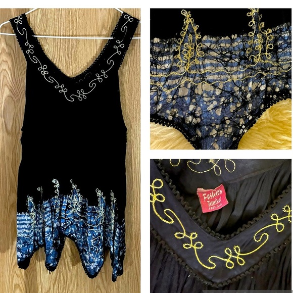 Navy Blue Swing Embroidered Tie Dye Swing Sleeveless Tunic Top - Picture 1 of 5